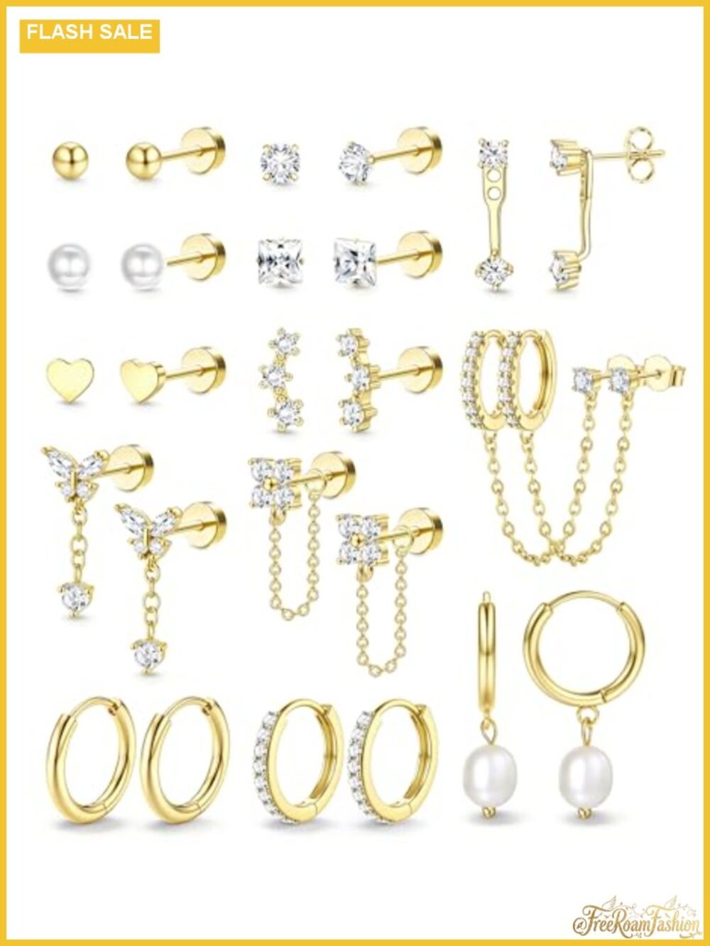 Hypoallergenic Flat Back Earrings Set Surgical Stainless Steel 14K Gold Plated